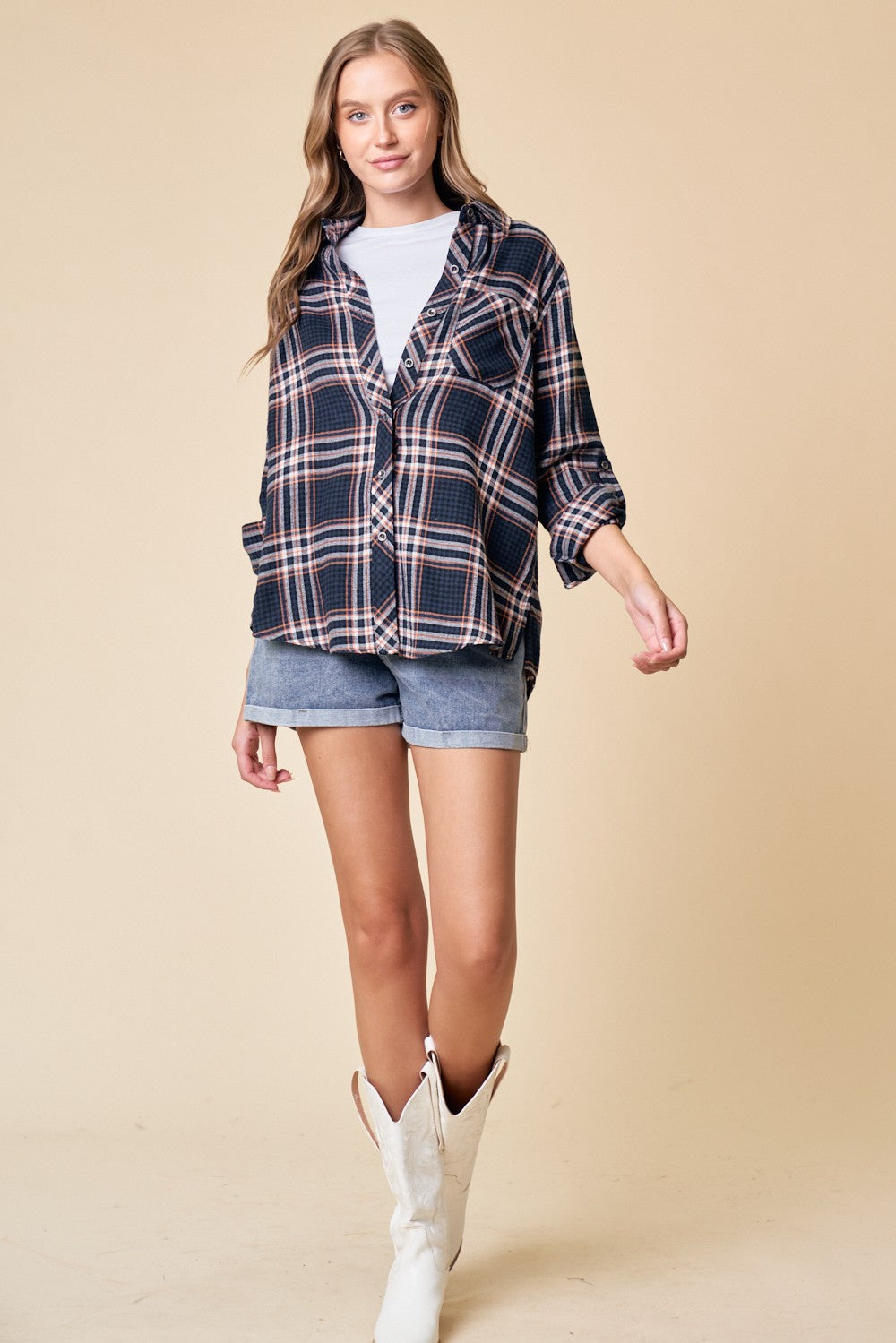 Plaid Navy and Rust Button Up