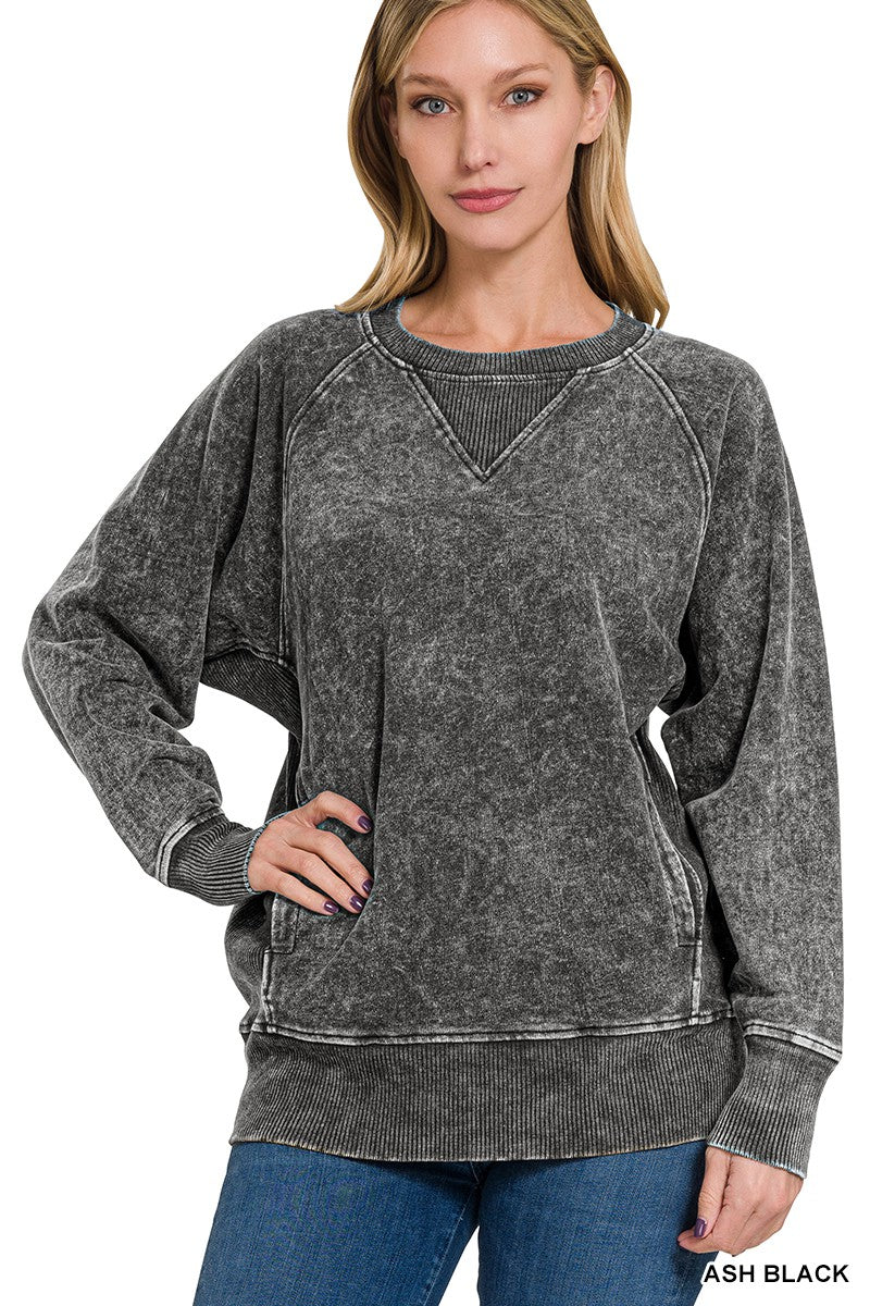 Zenana Vintage Chill Fleece Acid Wash Kangaroo Pocket Hoodie in Ash Jade main image 1