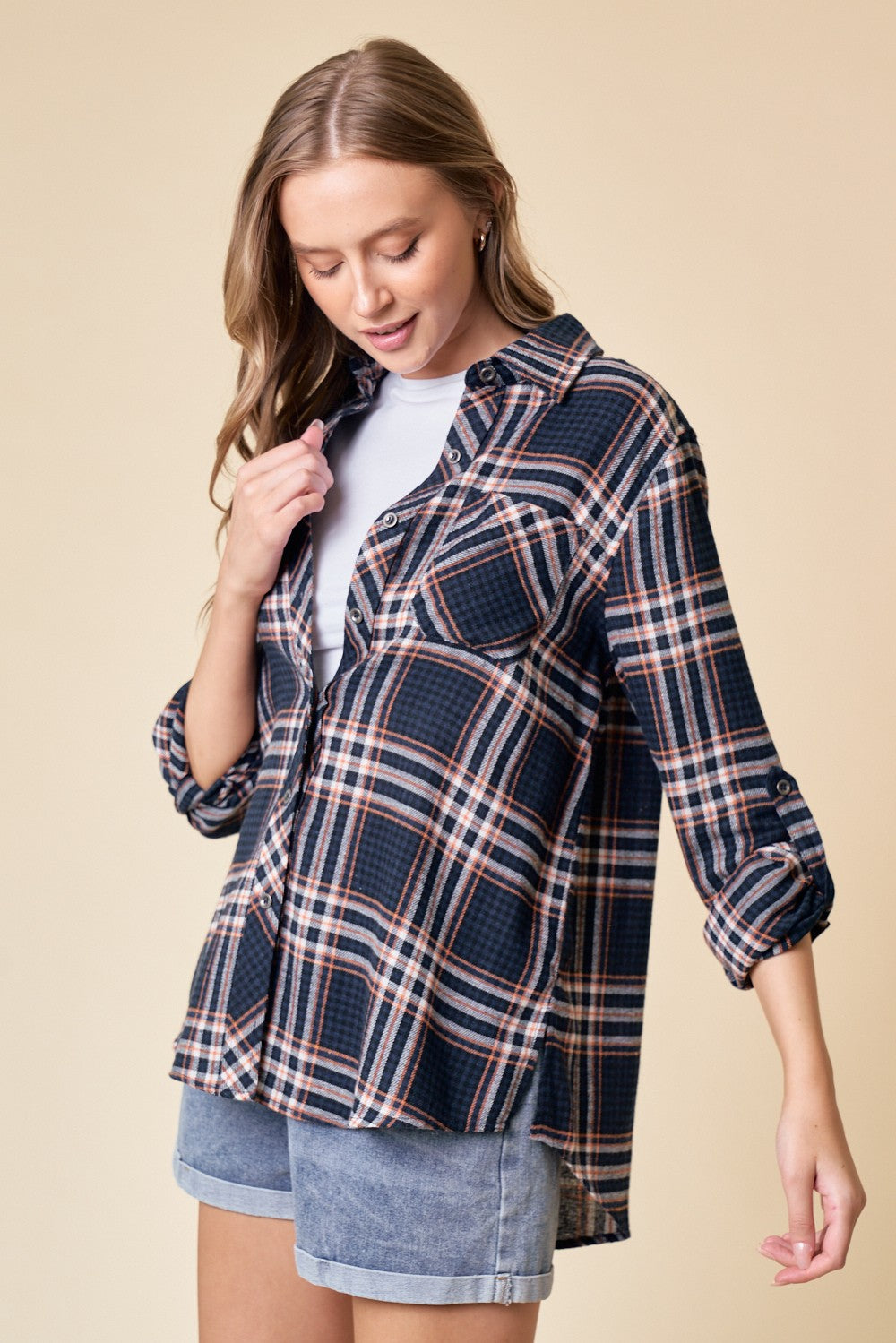 Plaid Navy and Rust Button Up