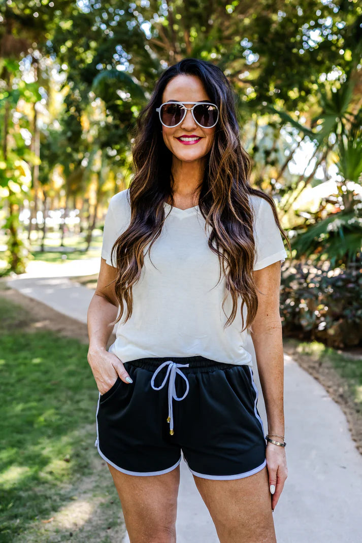 Black and White Drawstring Everyday Shorts