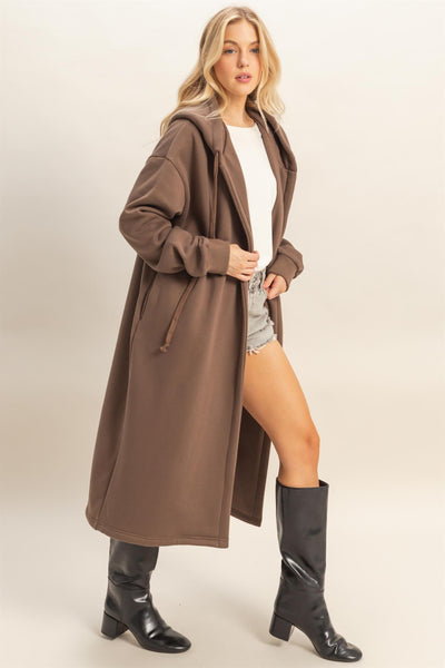 Fleece Long Hooded Coat Brown