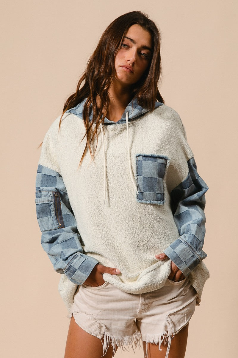 Checkered Denim Hoodie Pullover