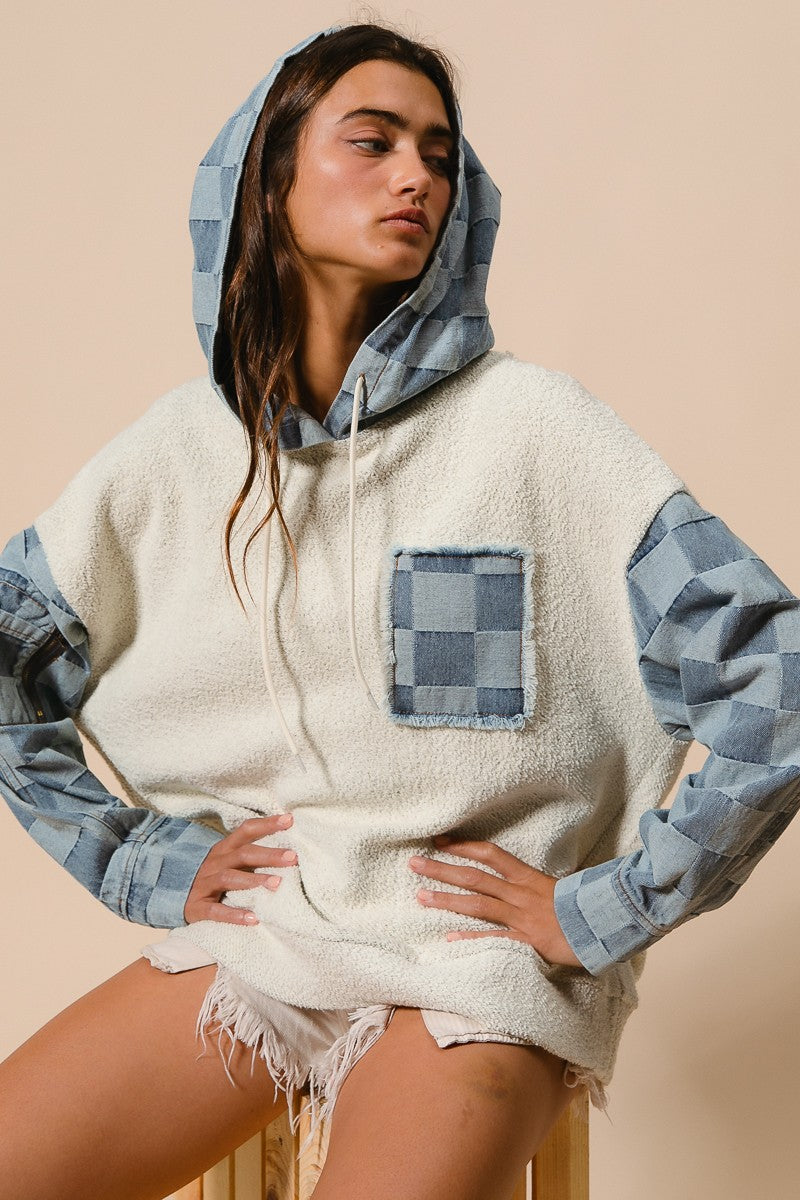 Checkered Denim Hoodie Pullover