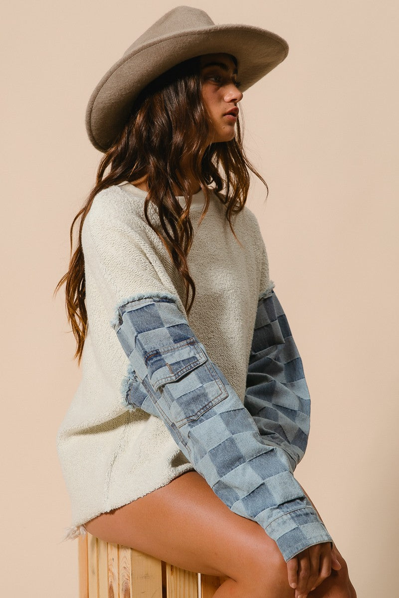 Checkered Denim Pullover