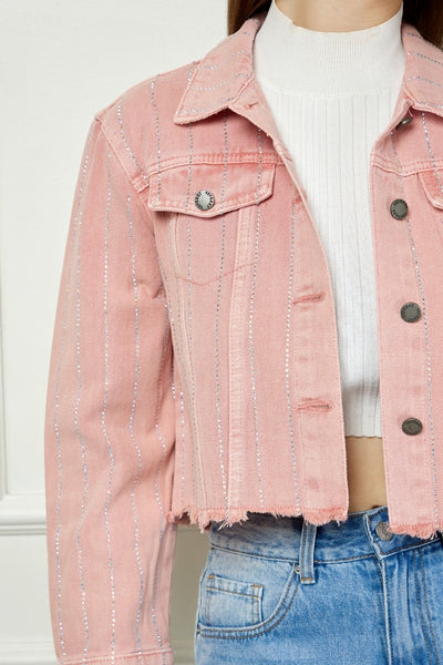 Pink Rhinestone Stripe Denim Jacket