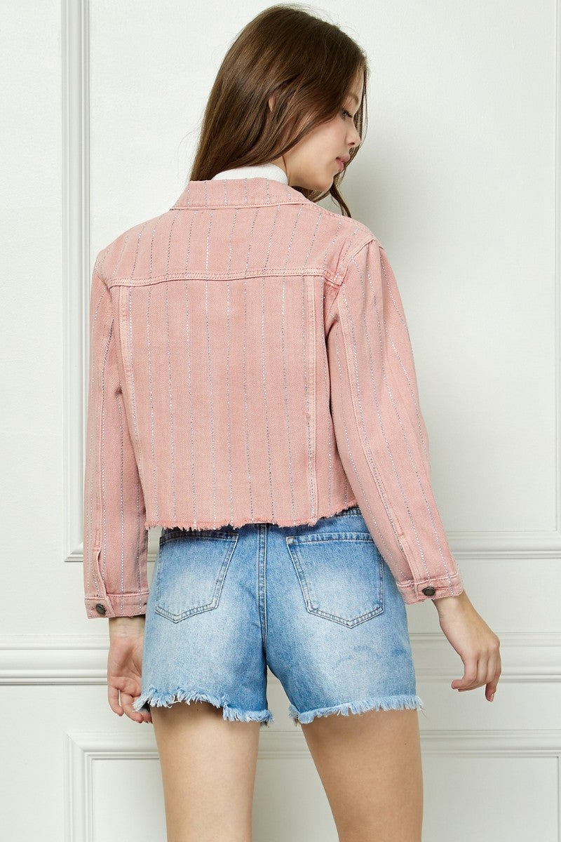 Pink Rhinestone Stripe Denim Jacket