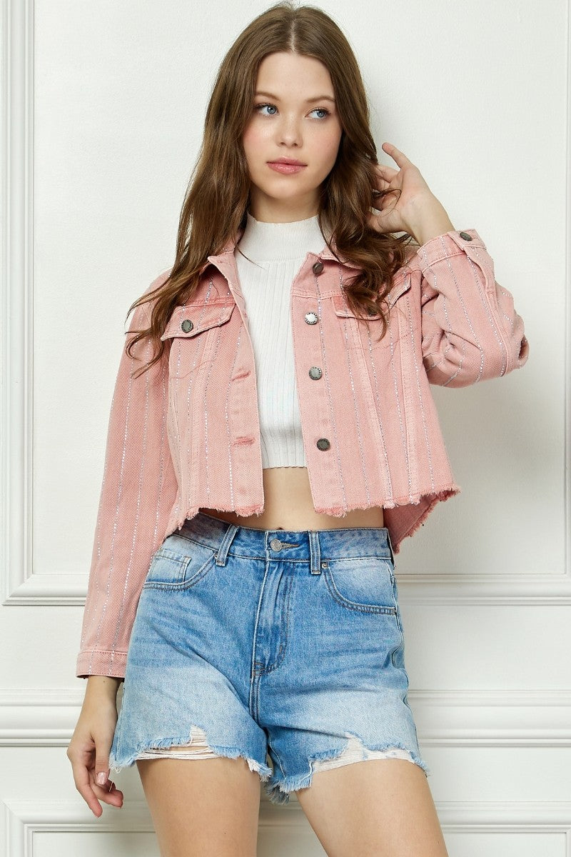 Pink Rhinestone Stripe Denim Jacket