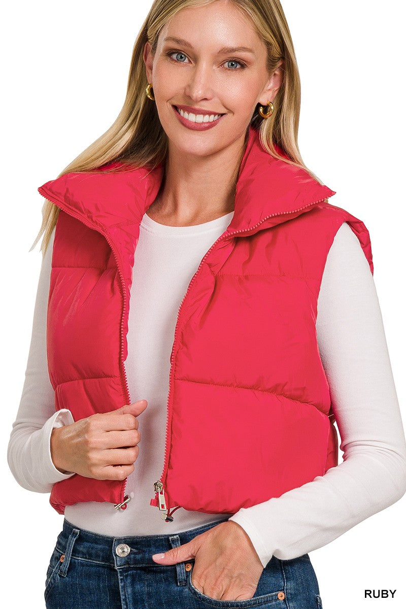 Zenana Puffer Cropped Vest - Ruby