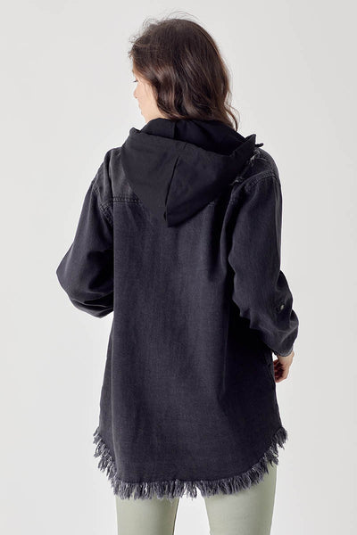 Risen Frayed Hem Denim Shirt With Hoodie