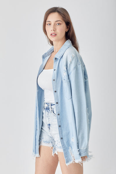 Risen Distressed Light Wash Denim Shirt