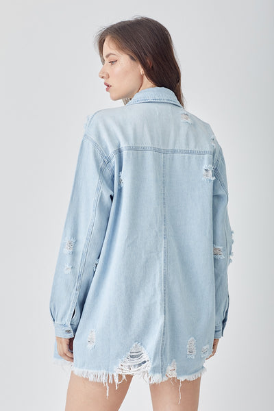 Risen Distressed Light Wash Denim Shirt