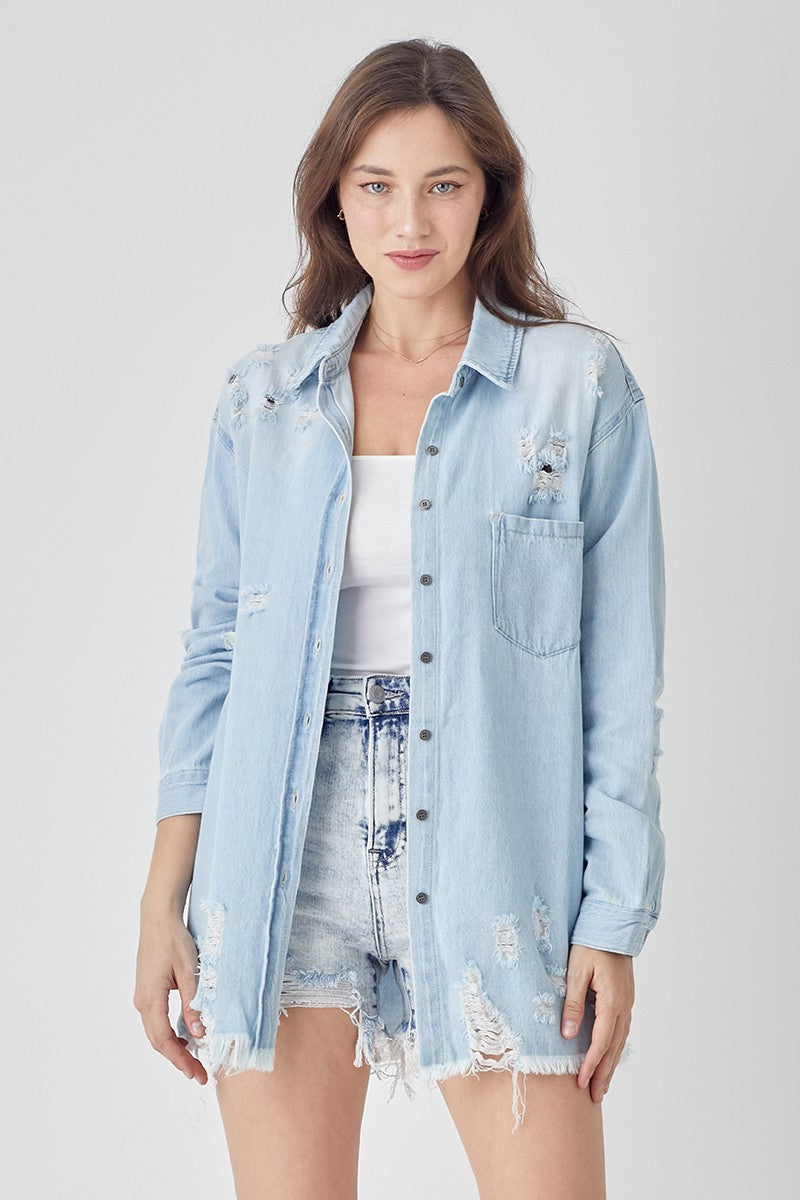 Risen Distressed Light Wash Denim Shirt