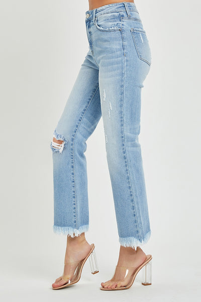 Risen High Rise Light Wash Frayed Bootcut