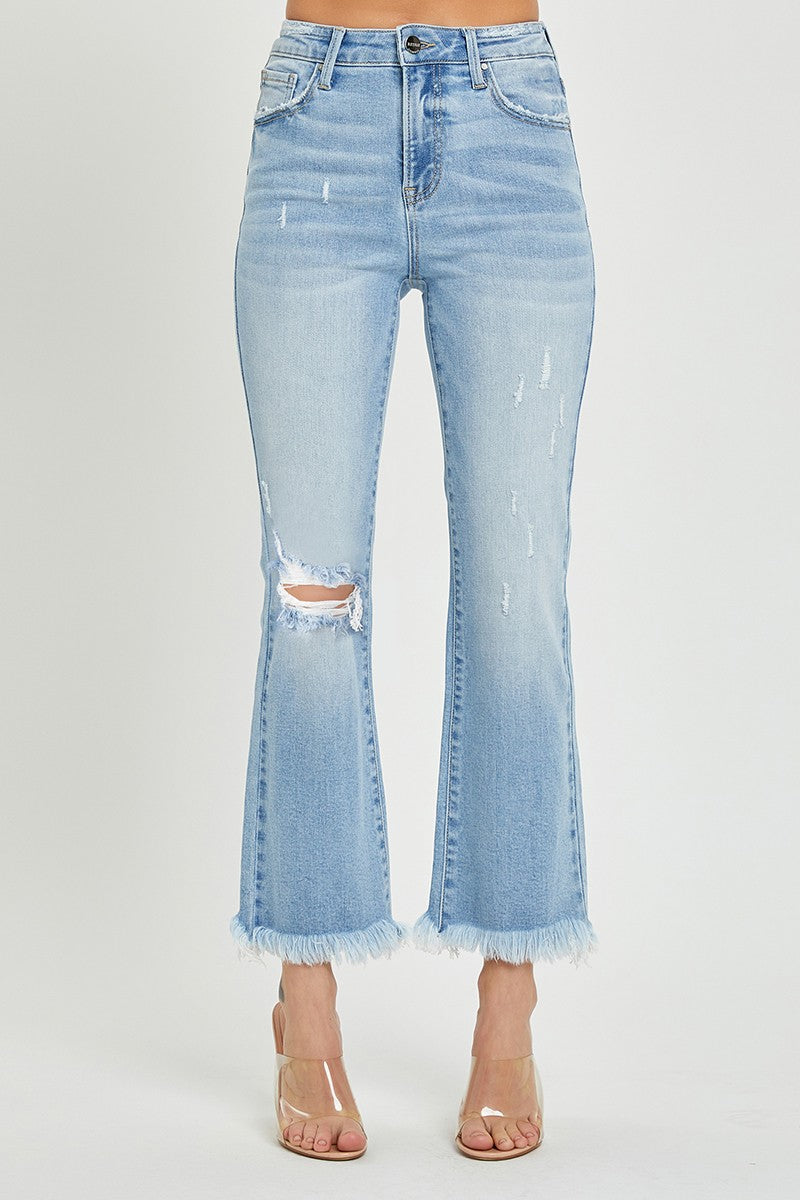 Risen High Rise Light Wash Frayed Bootcut