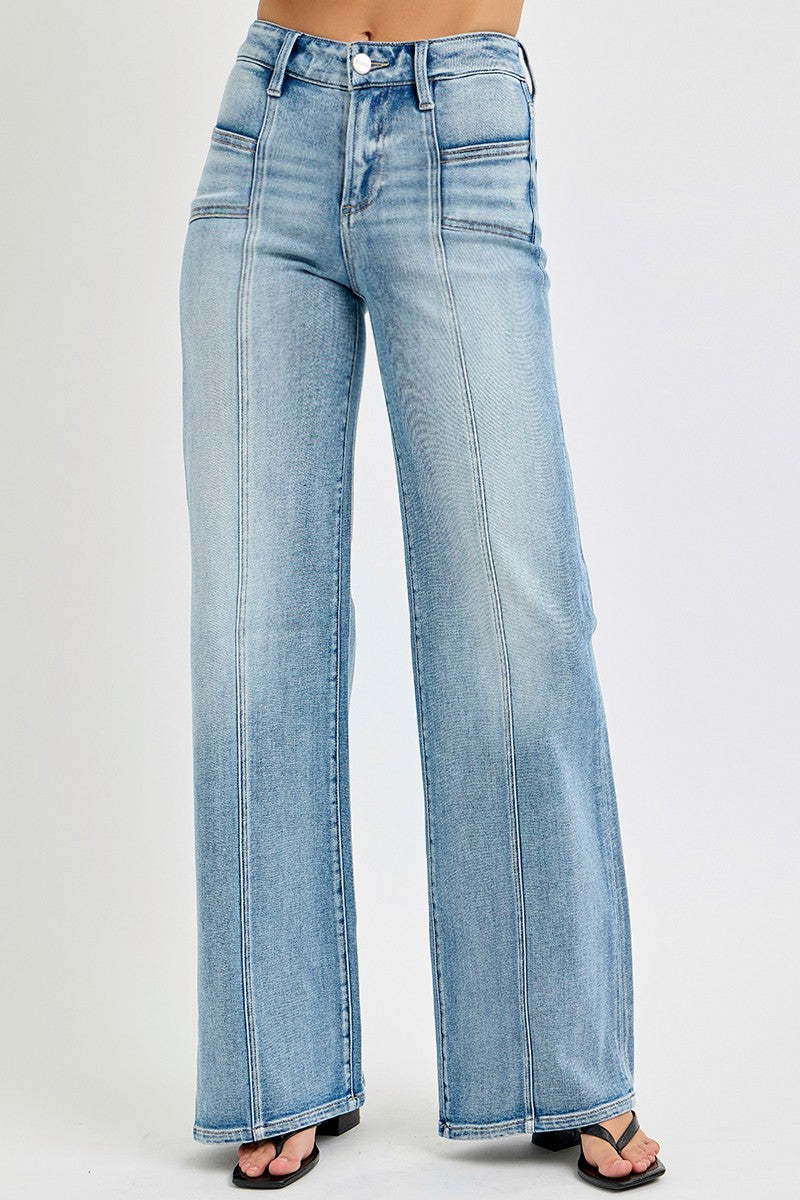Risen Mid Rise Wide Leg Denim