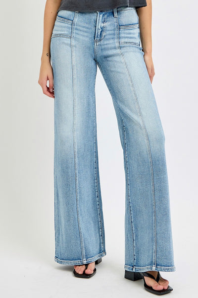 Risen Mid Rise Wide Leg Denim