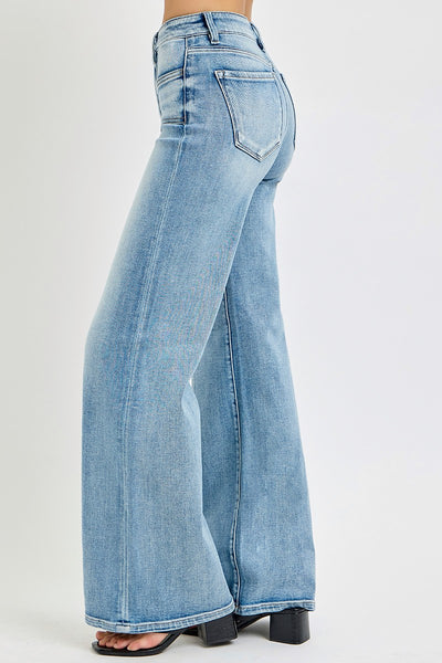 Risen Mid Rise Wide Leg Denim