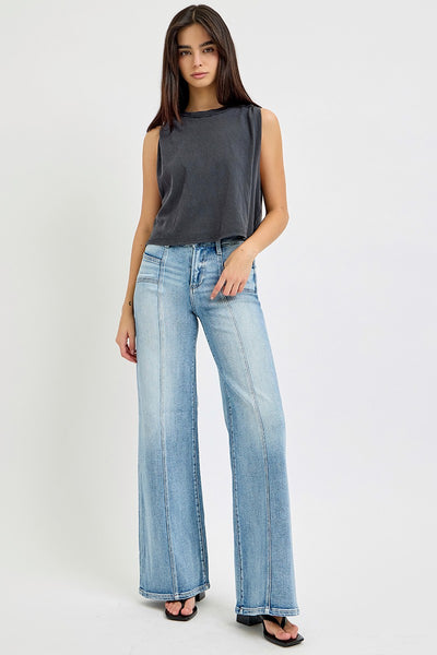 Risen Mid Rise Wide Leg Denim