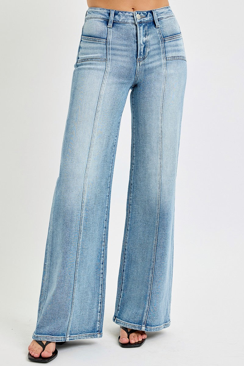 Risen Mid Rise Wide Leg Denim