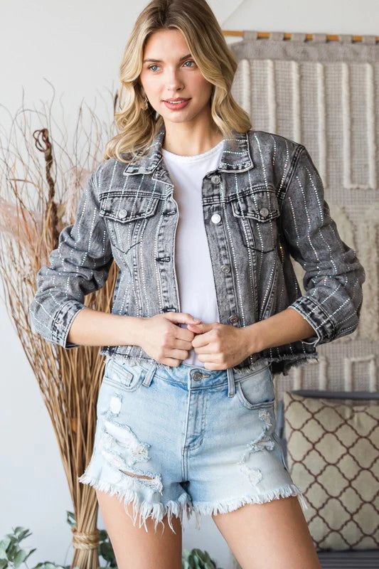 Rhinestone Stripe Denim Jacket - Black