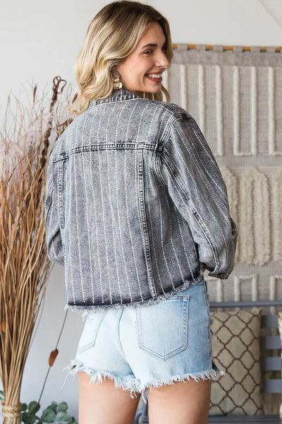 Rhinestone Stripe Denim Jacket - Black