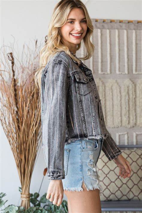 Rhinestone Stripe Denim Jacket - Black