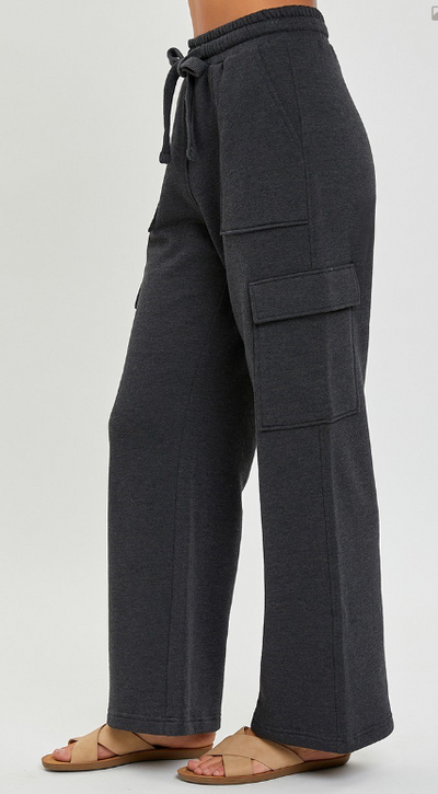 Risen High Rise Side Cargo Pocket Wide Pants -Washed Black