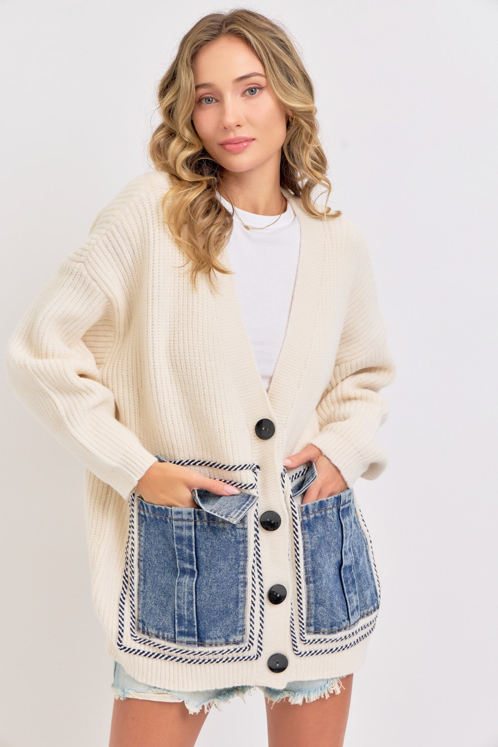 Denim Patch Knit Cardigan