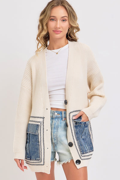 Denim Patch Knit Cardigan