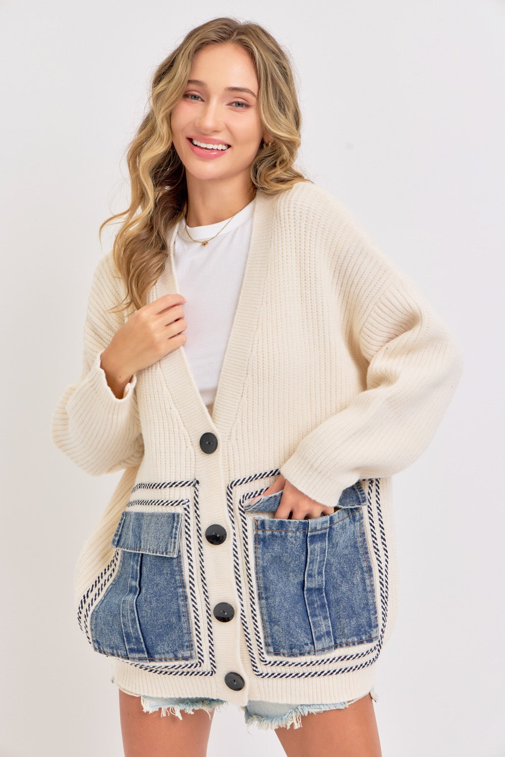 Denim Patch Knit Cardigan