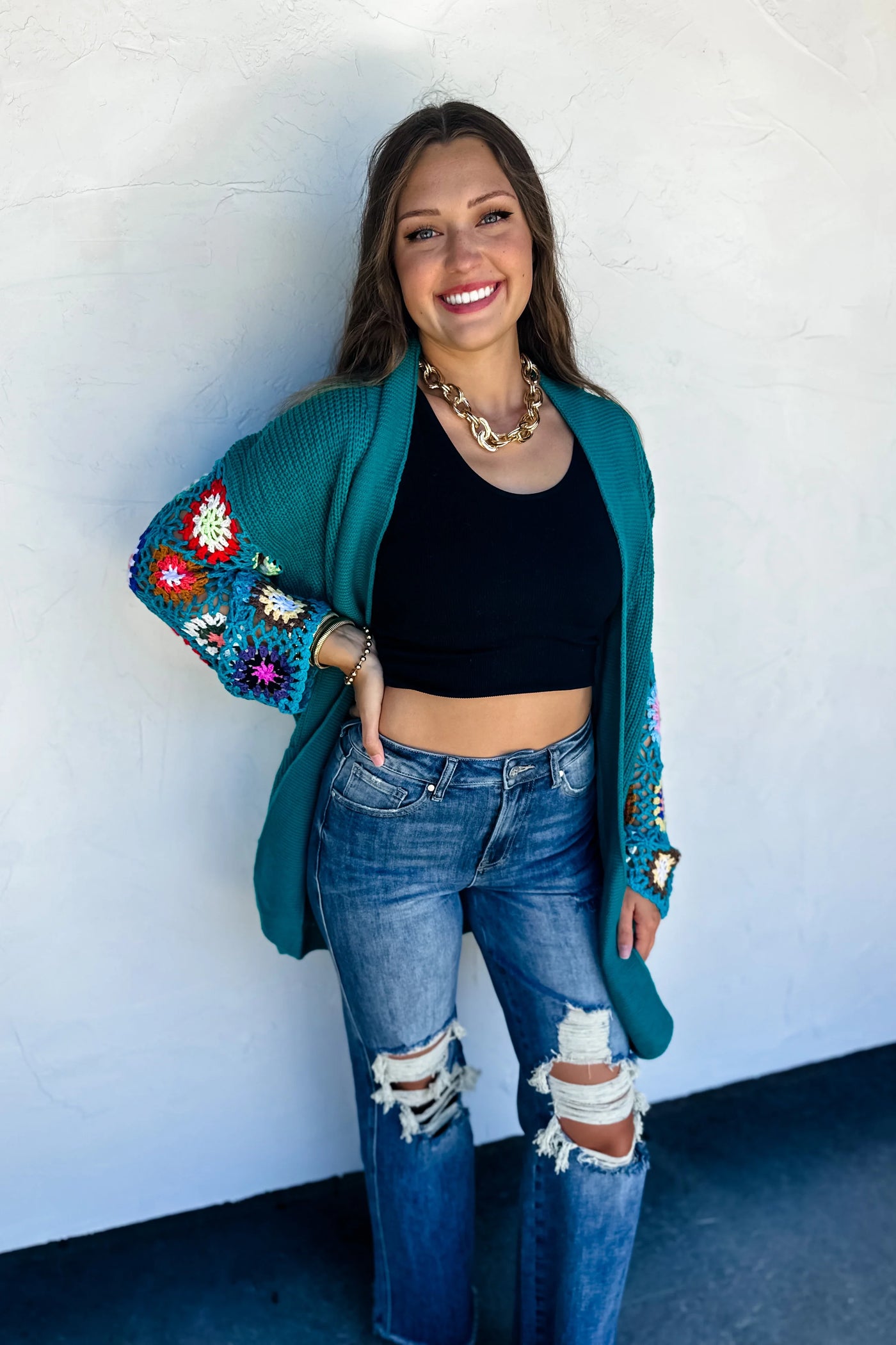 Teal Crochet Cardigan