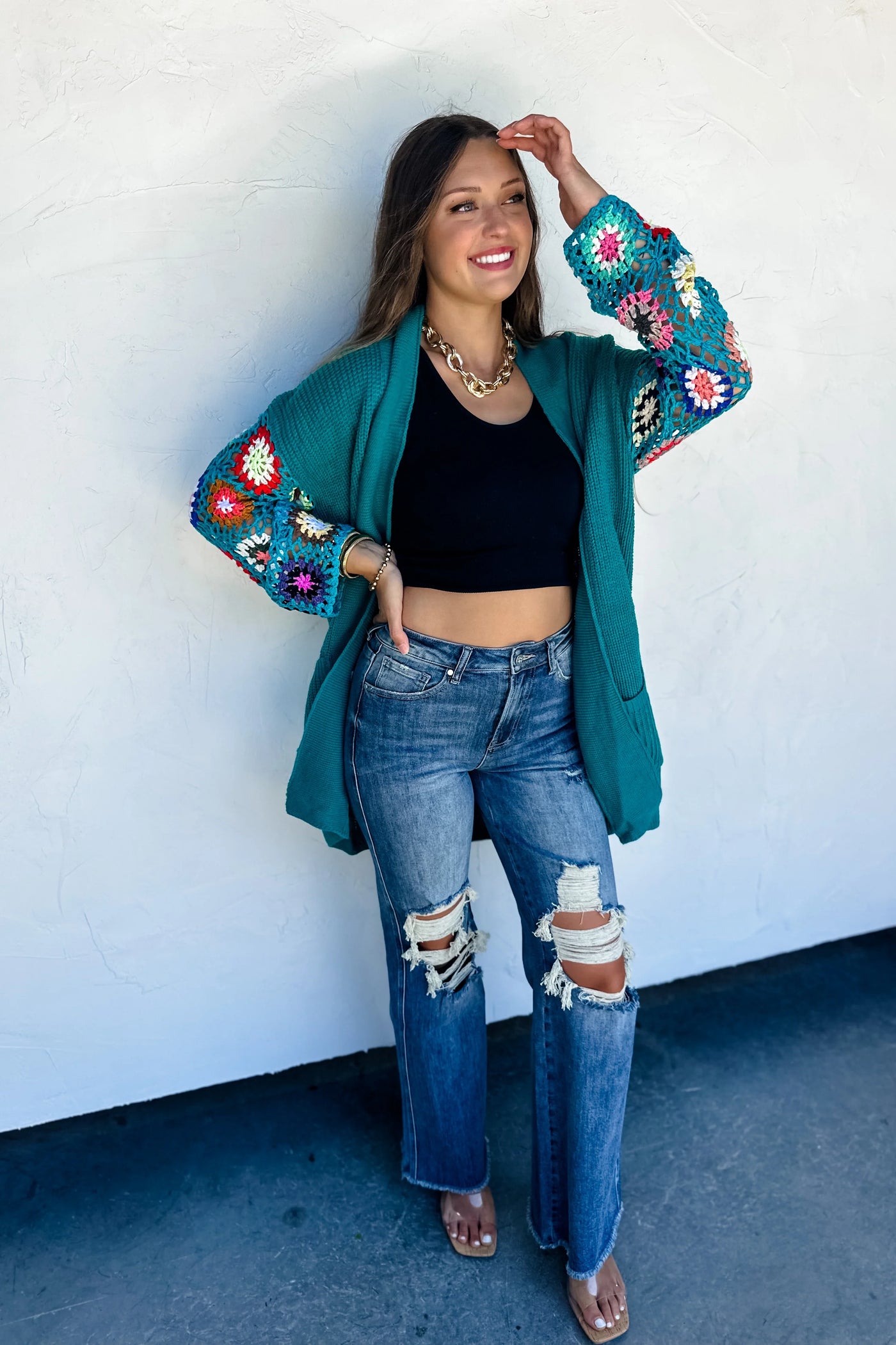 Teal Crochet Cardigan Blair Blue Bonnet Boutique Teal Crochet Cardigan Blair Blue Bonnet Boutique