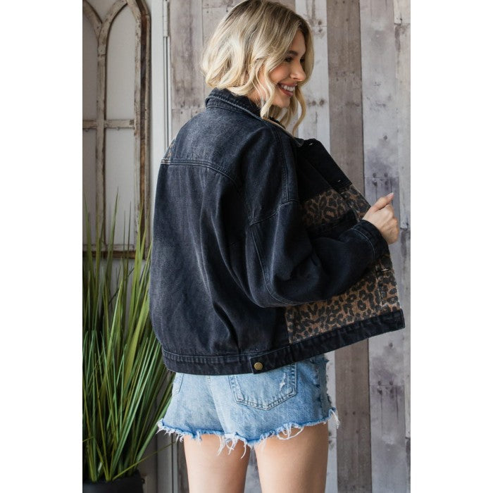 Leopard Panel Black Denim Jacket