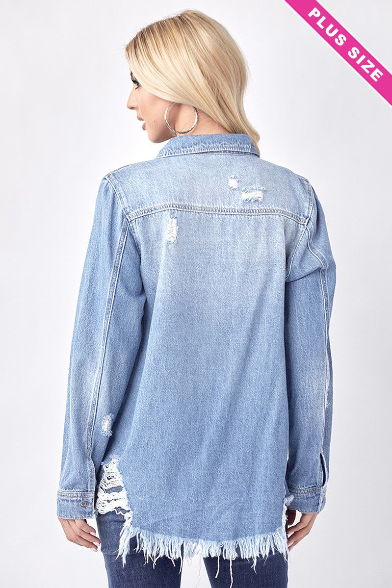 Curvy Distressed Denim Shirt