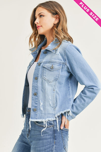 Curvy Distressed Frayed Hem Denim Jacket