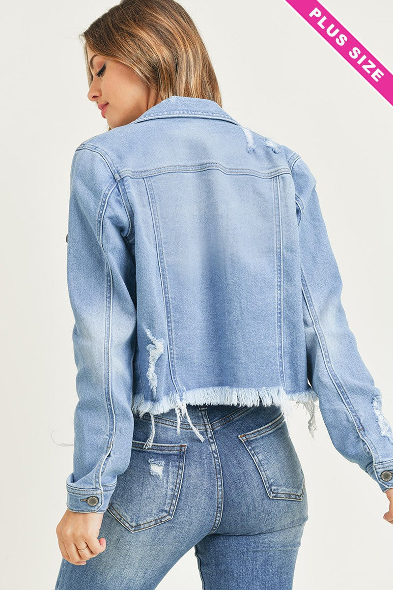 Curvy Distressed Frayed Hem Denim Jacket