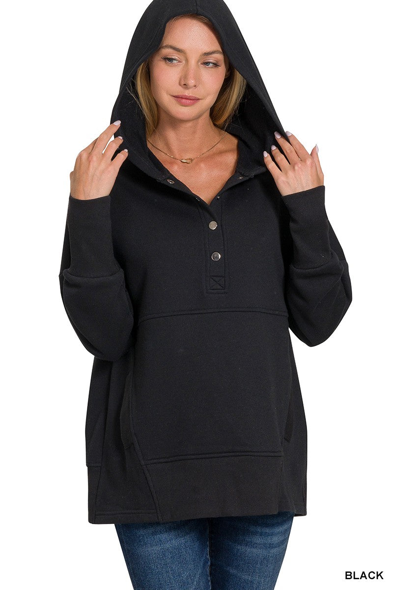 Zenana Black Quarter Button Pullover