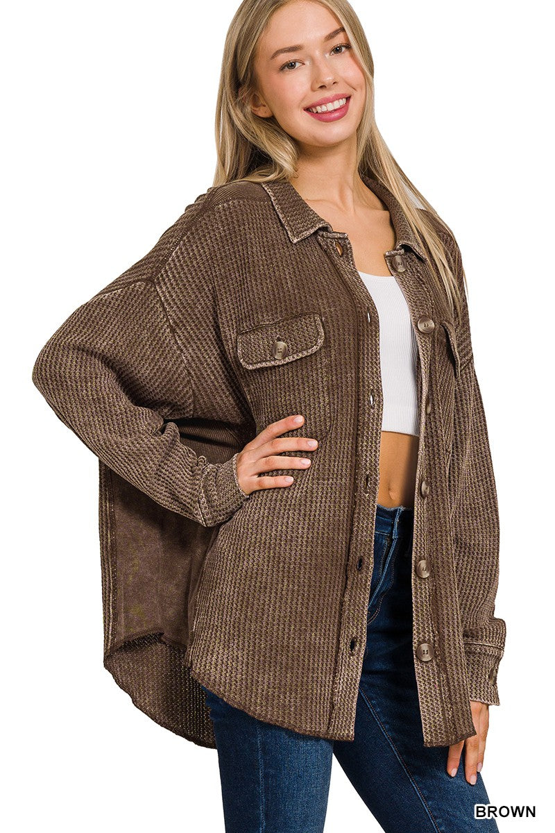 Zenana Acid Washed Waffle Shacket - Brown