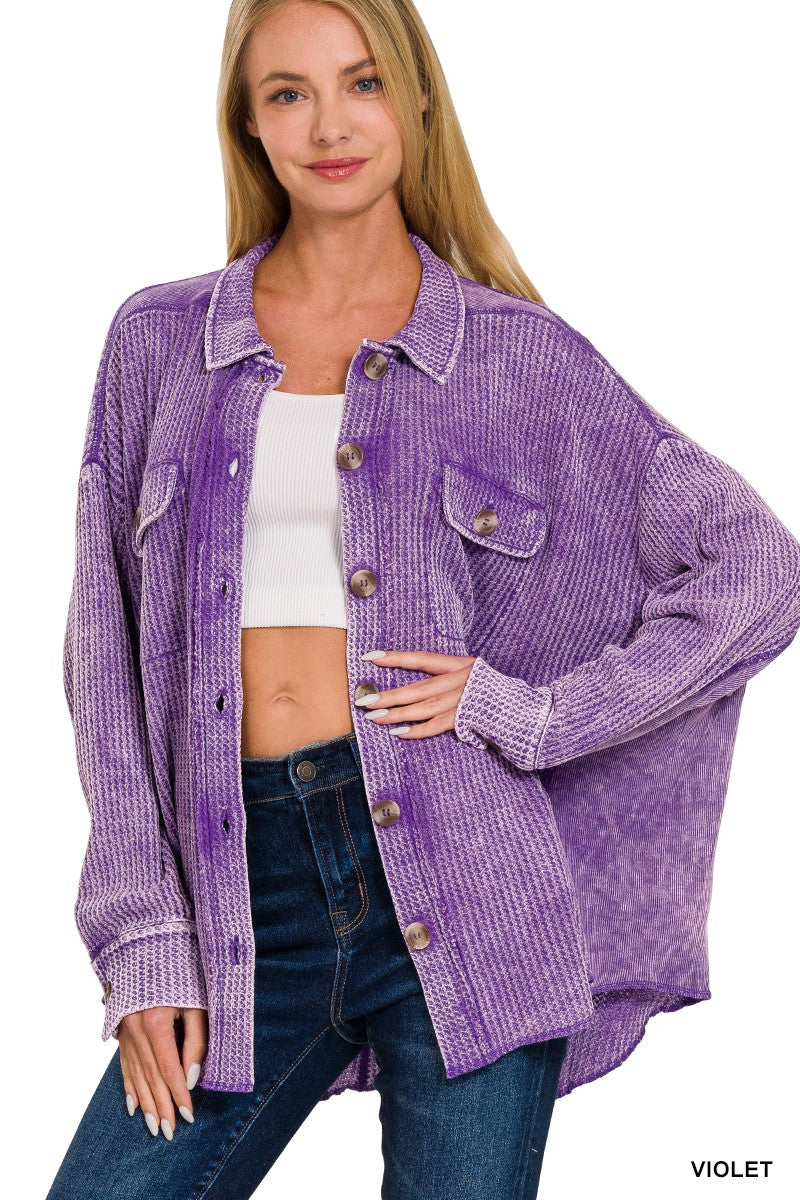 Zenana Acid Washed Waffle Shacket - Violet