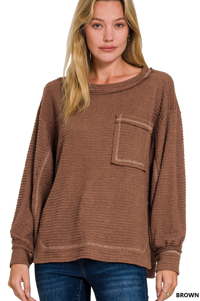 Waffle Knit Pocket Pullover