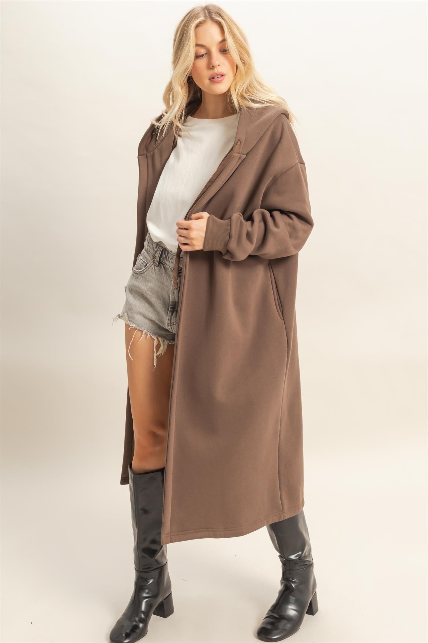 Fleece Long Hooded Coat Brown