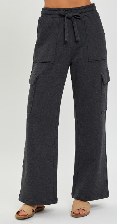 Risen High Rise Side Cargo Pocket Wide Pants -Washed Black