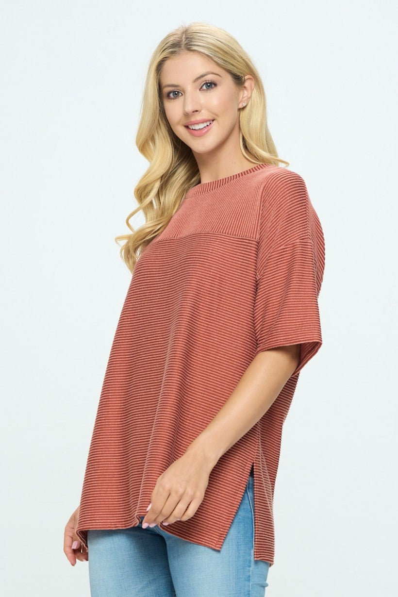 Pink Ribbed Round Neck Top