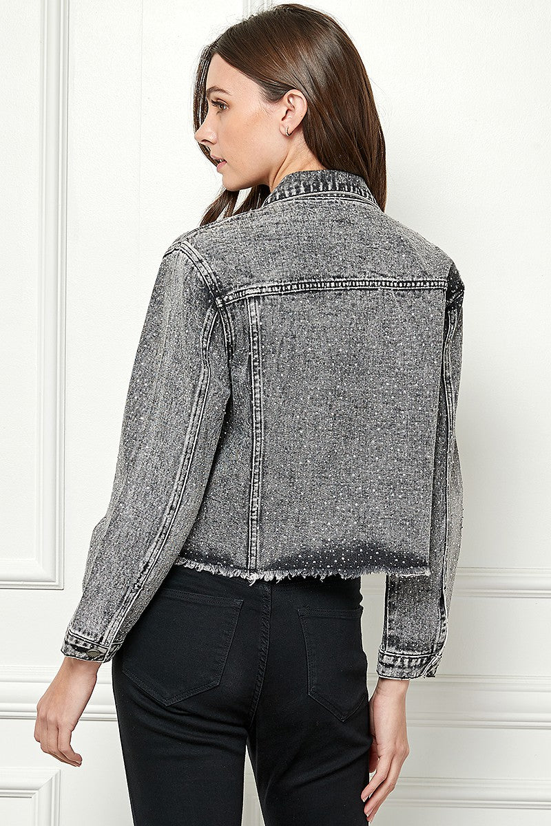 Sprinkle Rhinestone Cropped Denim Jacket - Black