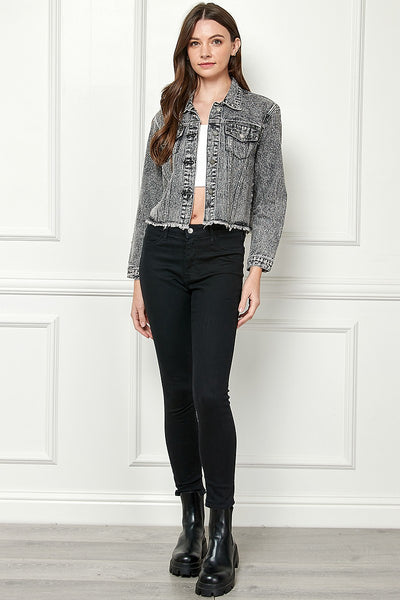 Sprinkle Rhinestone Cropped Denim Jacket - Black