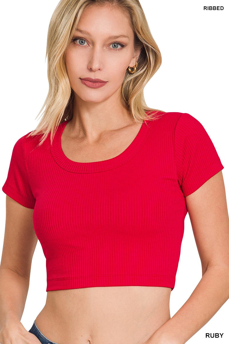 Ribbed Scoop Neck Short Sleeve Top