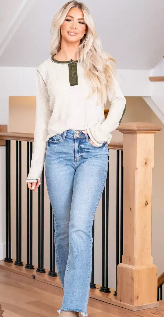 High Waist Double Button Bootcut Denim