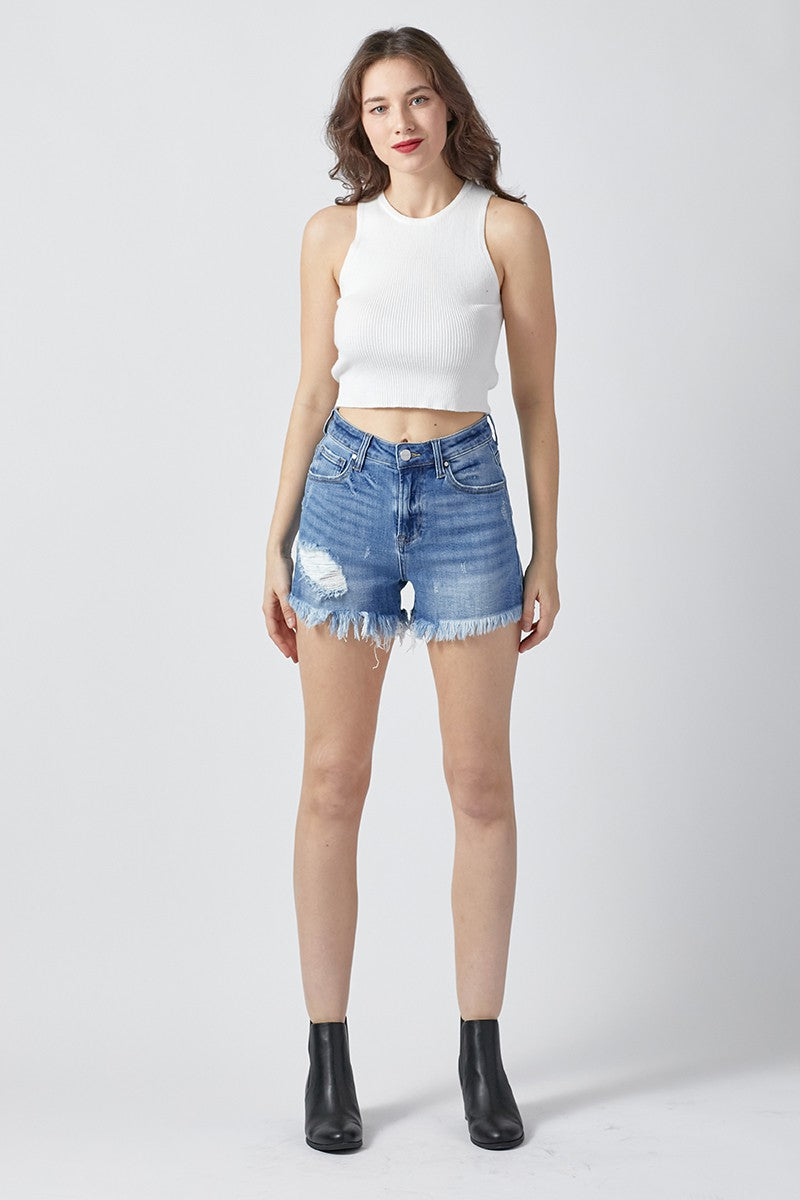 High Rise Fray Denim Shorts