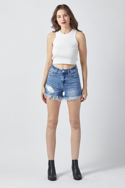 High Rise Fray Denim Shorts