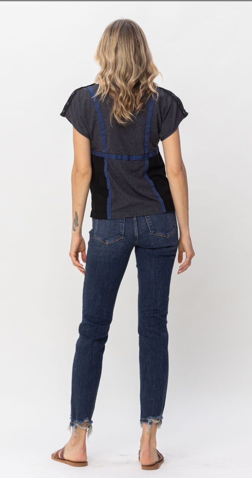 Mid Rise Dark Wash Distressed Relaxed Cut